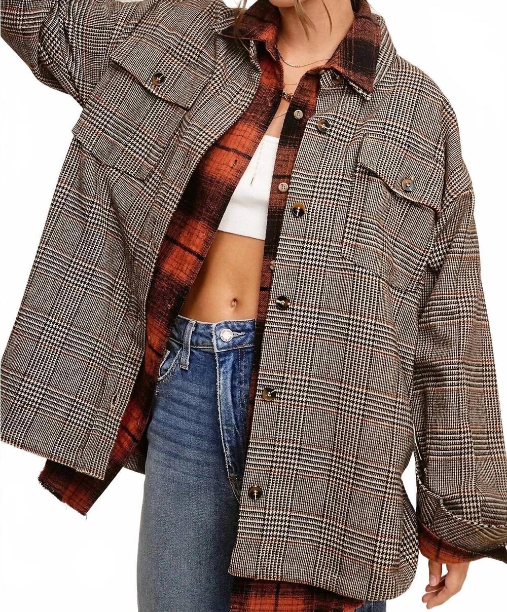 NEW LA MIEL button down plaid shacket in brown
